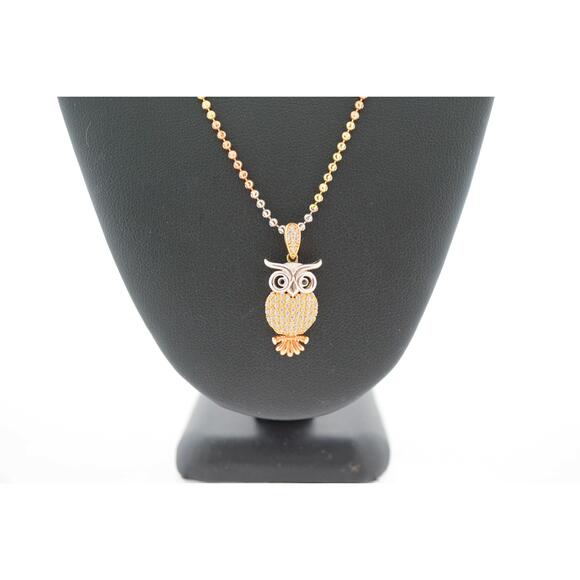 Owl vintage pendant 14k - Gem Estate Sale Vintage CZ Owl Pendant 14k Gold Ball Chain Necklace 18
